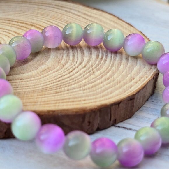 Cat’s Eye Gemstone Bracelet – Handmade w/ Purple & Green Beads for Focus & Luck - Picture 7 of 15